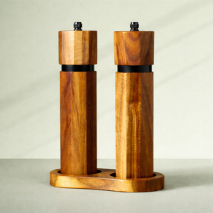 Wooden Salt Pepper Grinder Set-8" Acacia Mills Adjustable Ceramic Core Refillable Wood Shakers Tray Spoon Brush Hand Operated